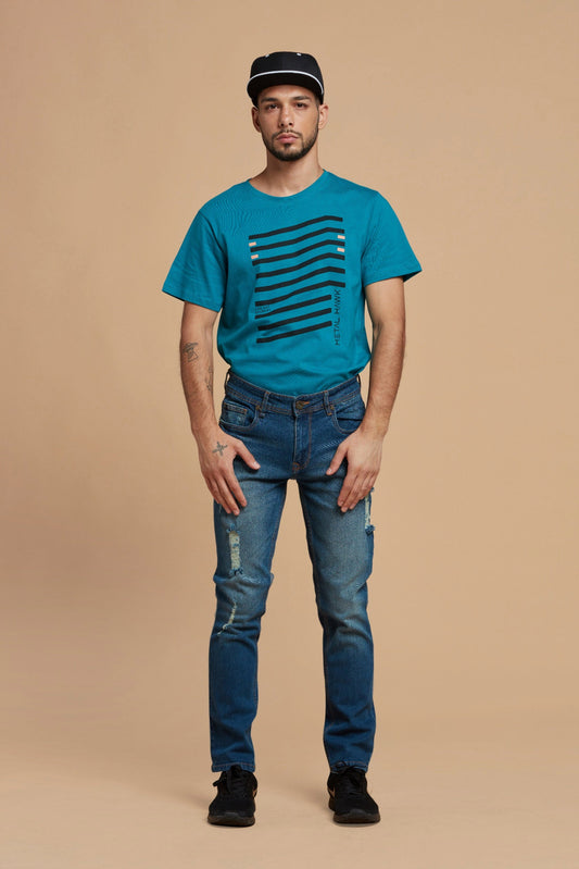 Men Denim Jeans Loose Relaxed Blue With Torn Patches