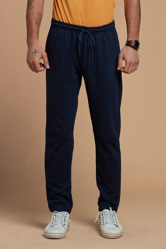 Men Joggers Navy Blue Solid Knitted Mid Rise Track Pants