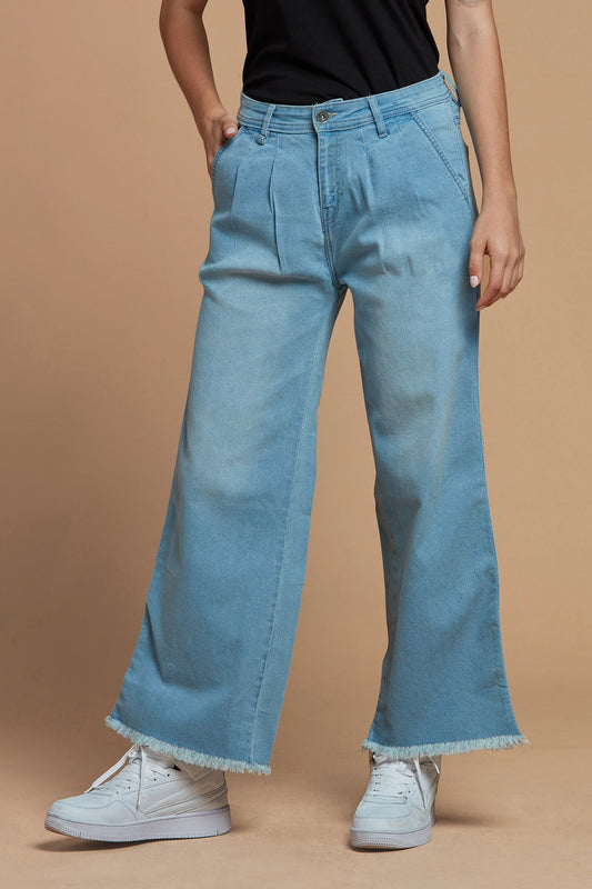 Women Denim Jeans Light Blue Pleated