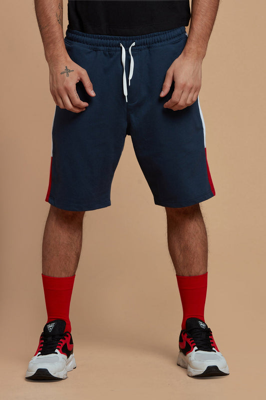 Men Shorts Knits Navy Blue With Red And White Patterns