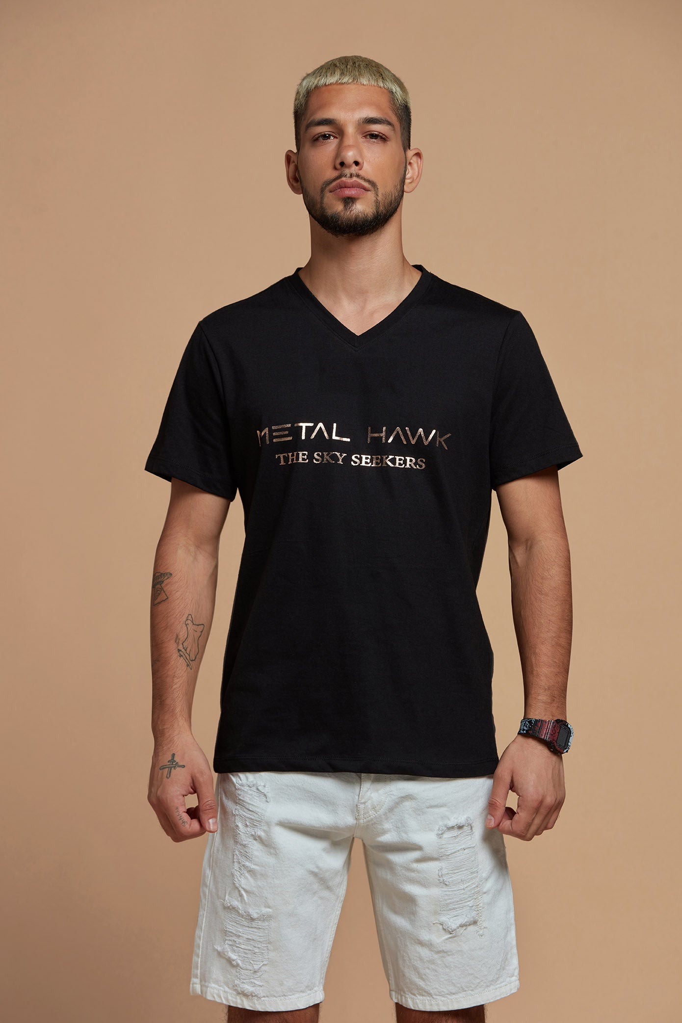 Men T-Shirt V Neck Black Tee