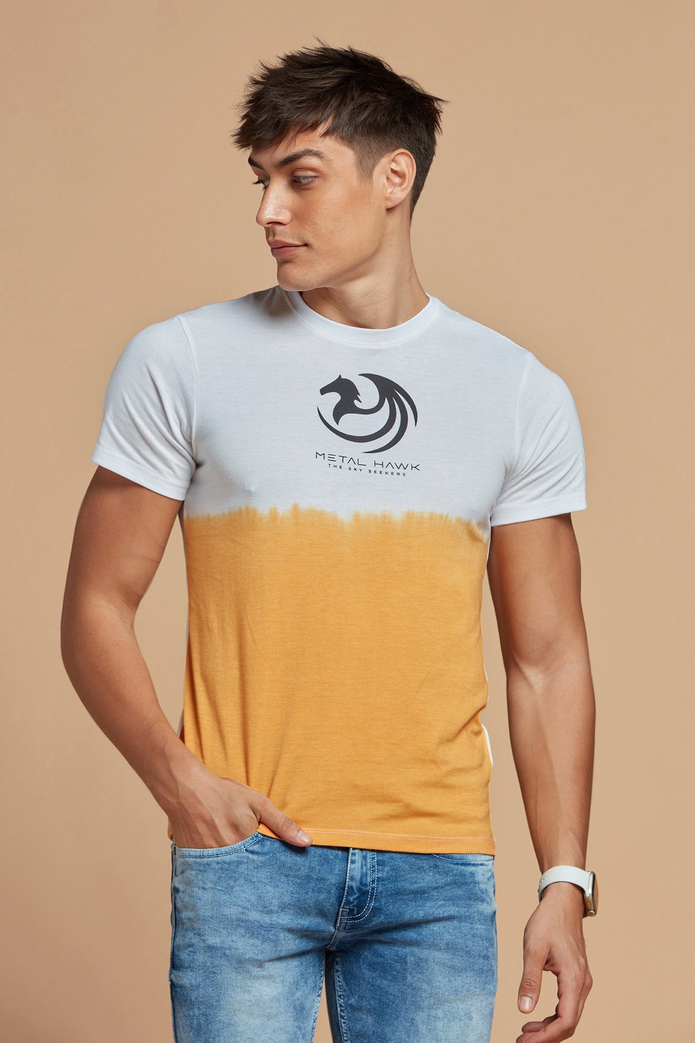  T-Shirt  White And Mustard Yellow