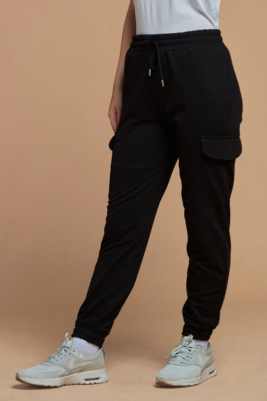 Women Joggers Cargo Solid Black