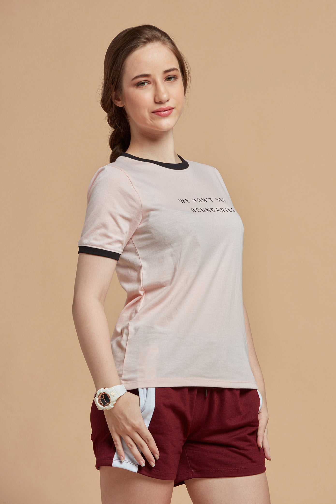 Women T-Shirt Light Peach And Black