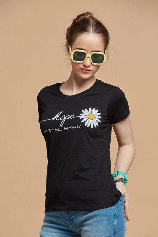 Women T-Shirt Black With Flower Print