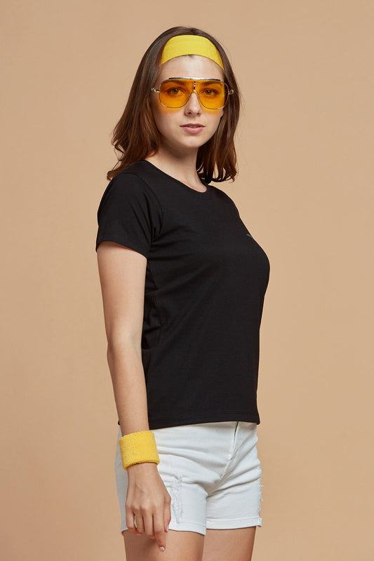 Women T-Shirt Simple Black Round Neck